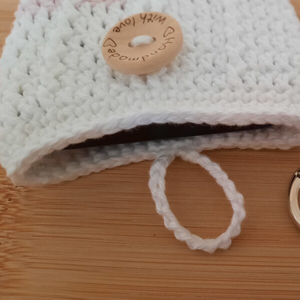 Gehäkelte Smartphonetasche Handysocke mit Minitäschchen weiß-rosa 8,5x16cm