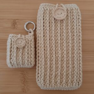 Gehäkelte Smartphonetasche Handysocke mit Minitäschchen natur 8x16cm