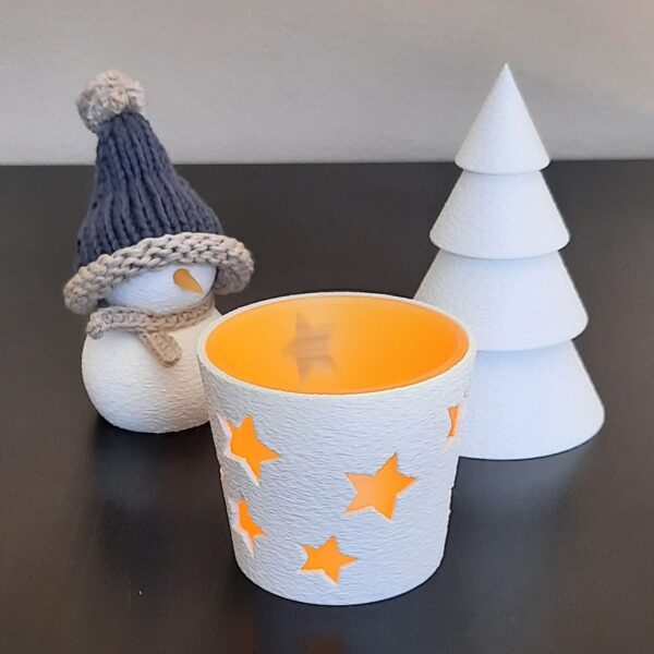 Deko-Set "Winter": Windlicht, Tannenbaum, Schneemann mit Strickmütze blau-beige